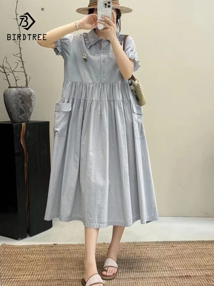 

New 2025 Summer Cotton Short Sleeve Dresses, Women Turn-down Collar Big Pocket, Mori Girl Sweet Versatile Loose Dress D56630CC
