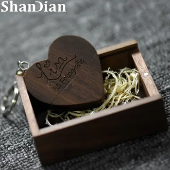 Gratis LOGO Houten Liefde Hart USB 2.0 Flash Drive 4GB 8GB 16GB 32GB 64GB Huwelijksgeschenken Pen Drives Real Capaciteit Memory Stick