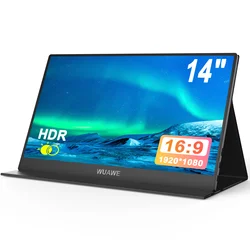 WUAWE 14inch Portable Monitor 1920*1080 USB-C HDMI and Type-C Travel Monitor, External Second Computer Monitor for PC Mac Phone