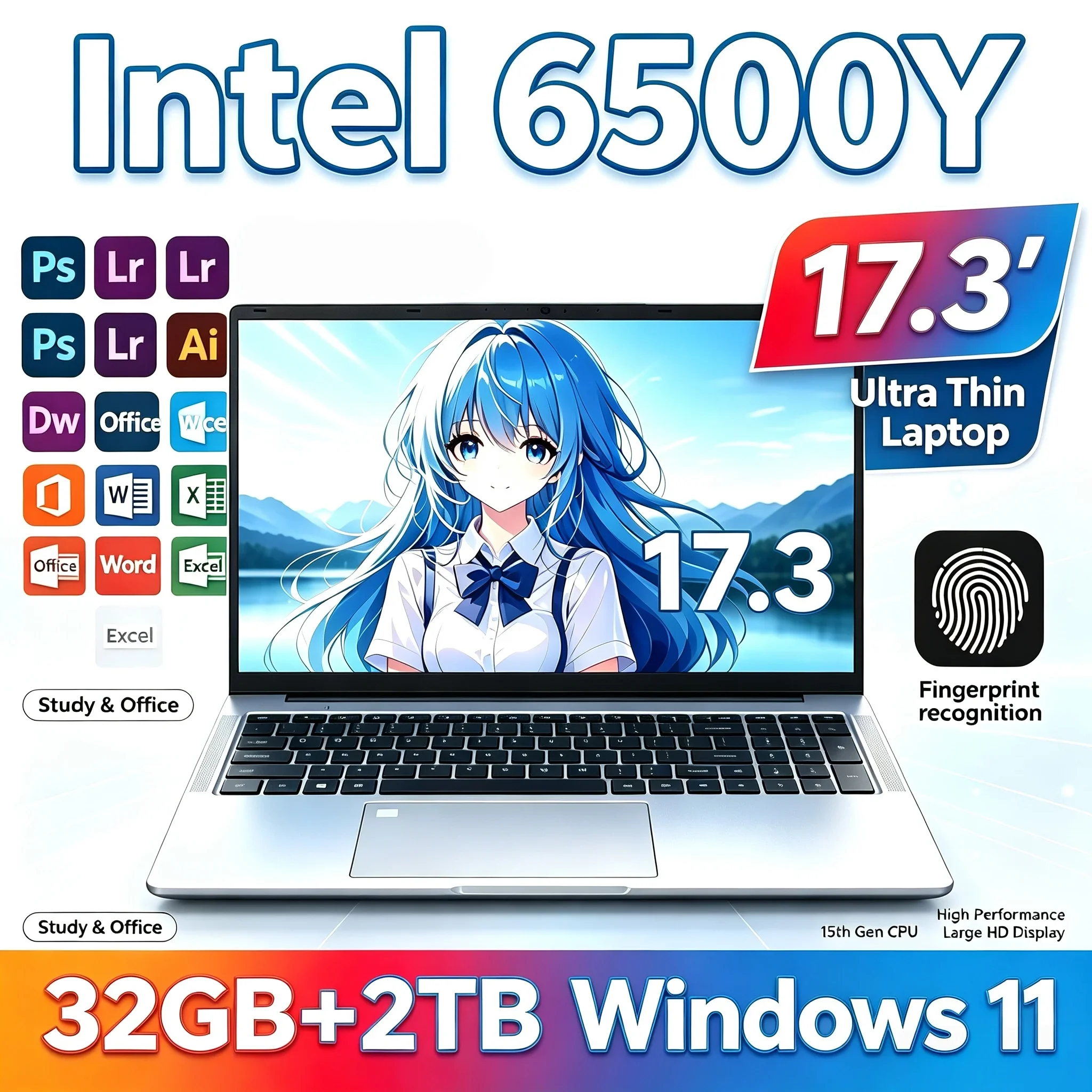 Laptop 17.3'' Large HD Screen Intel 6500Y 32GB RAM 1TB or 2TB SSD Windows11 WiFi 6 BT5.2 Portable Notebook PC Office Household