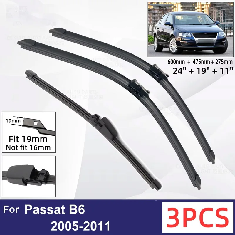 

For VW Passat B6 2005-2011 Car Front Rear Wiper Blades Soft Rubber Windscreen Wipers Auto Windshield 24"+19"+11" 2008 2009 2010