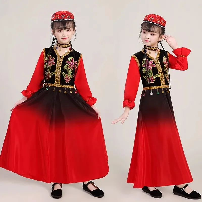 New nationality Children's Xinjiang dance costume Children's swing dress Hui Uyghur boys and girls Uyghur stage costume girls