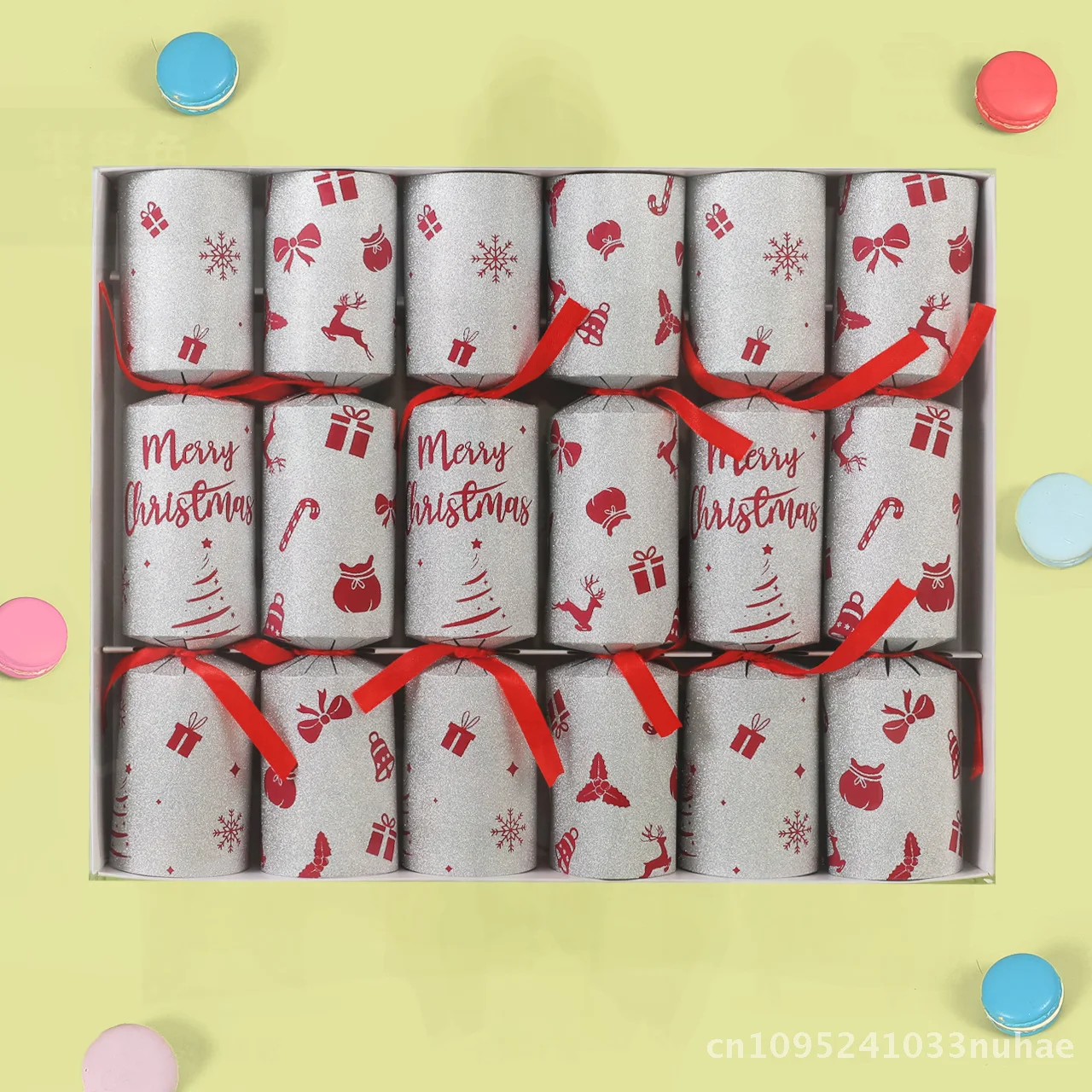 

6-Pack 12inch Christmas Cracker Transparent Gift Boxes with Toy Paper Hats English-Language Holiday Packaging