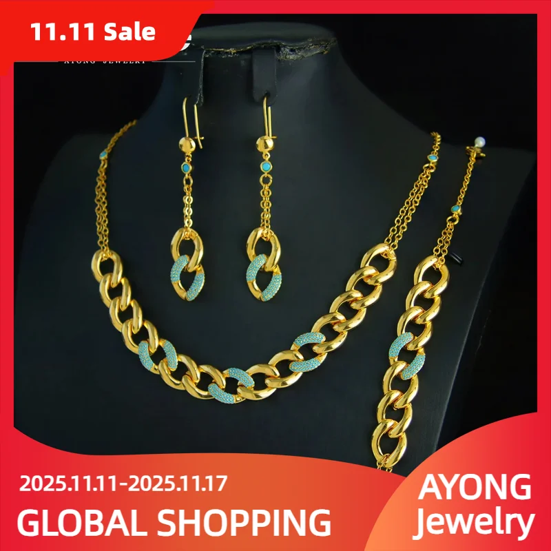 

Italian Gold Color Jewelry Set 21k Gold Plated Blue Zirconia Dubai Wedding Necklace Bracelet Earrings Brazilian Women Jewelrys