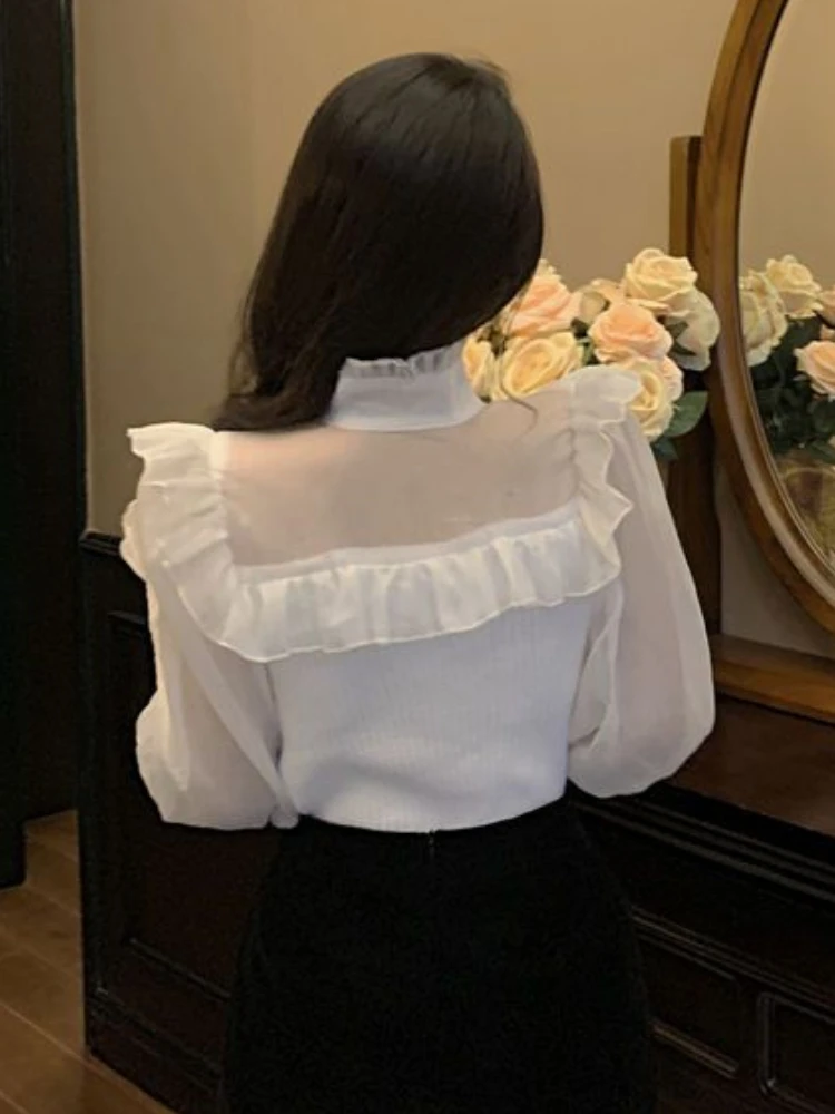 Women Blouse Elegant Chic Sweet Design Ruffles Leisure Solid Spring Tender Lantern Sleeve French Style Ladies All-match Simple