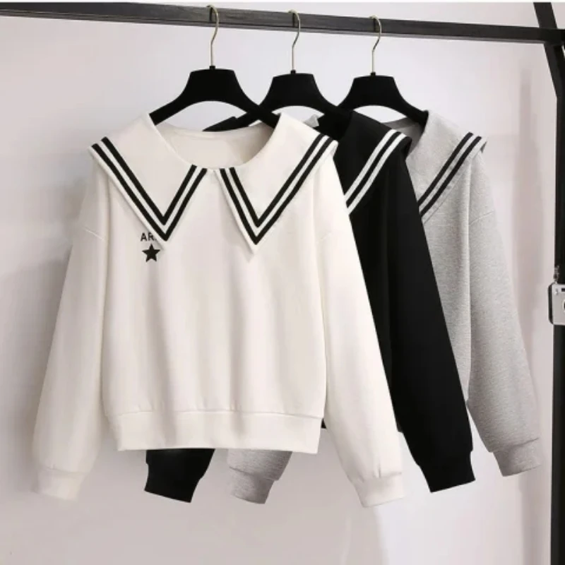 MOYISU Autumn Pullover Sweatshirts Kawaii Women Sailor Collar Loose Long Sleeve Top Solid Oversize Sweatshirt for Women 2023 Y2k