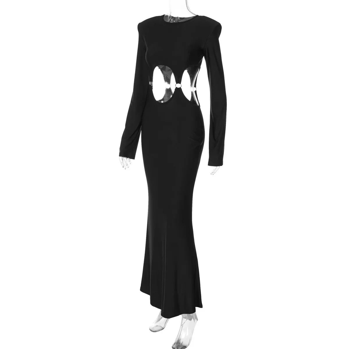 Waist Hollow Long Sleeved Round Neck Long Skirt Highlights Figure, Sexy Slim Fit Dress For Women