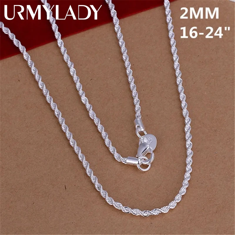 

16-24INCHES 925 Sterling silver 2MM Rope Necklace Beautiful fashion Elegant for women men chain cute Can pendant