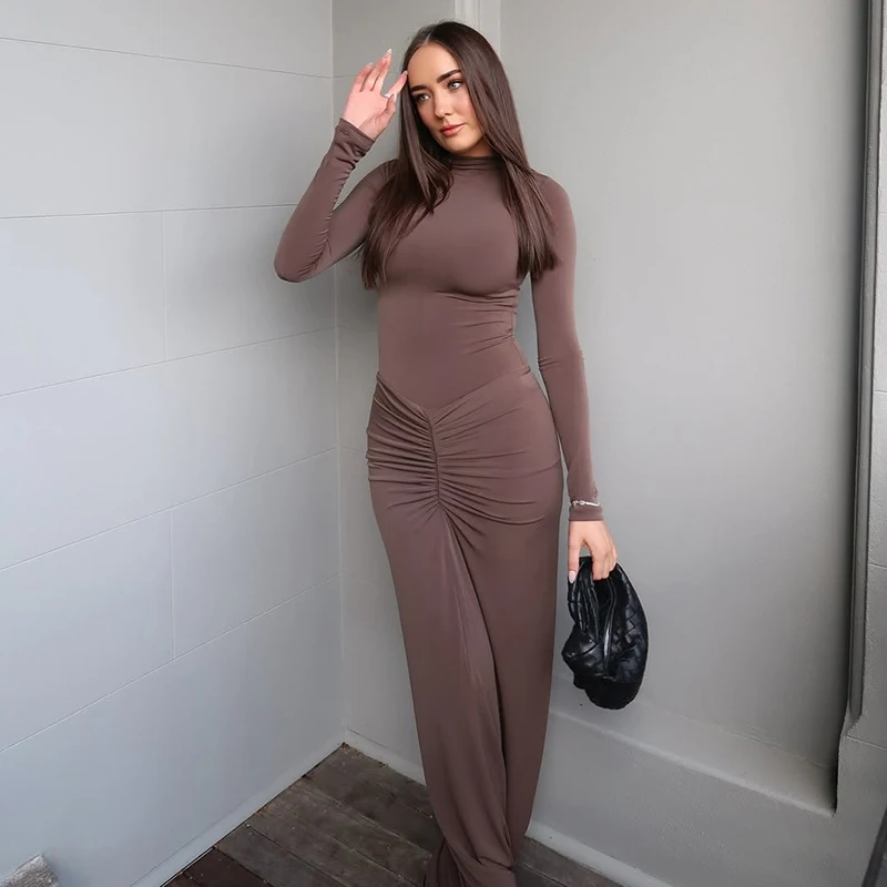 Raffen Frauen Klassische Lange Kleid Herbst Neue Feste Langarm Hohe Kragen Körper-gestaltung Vestidos Mujer Concise Trend Robe