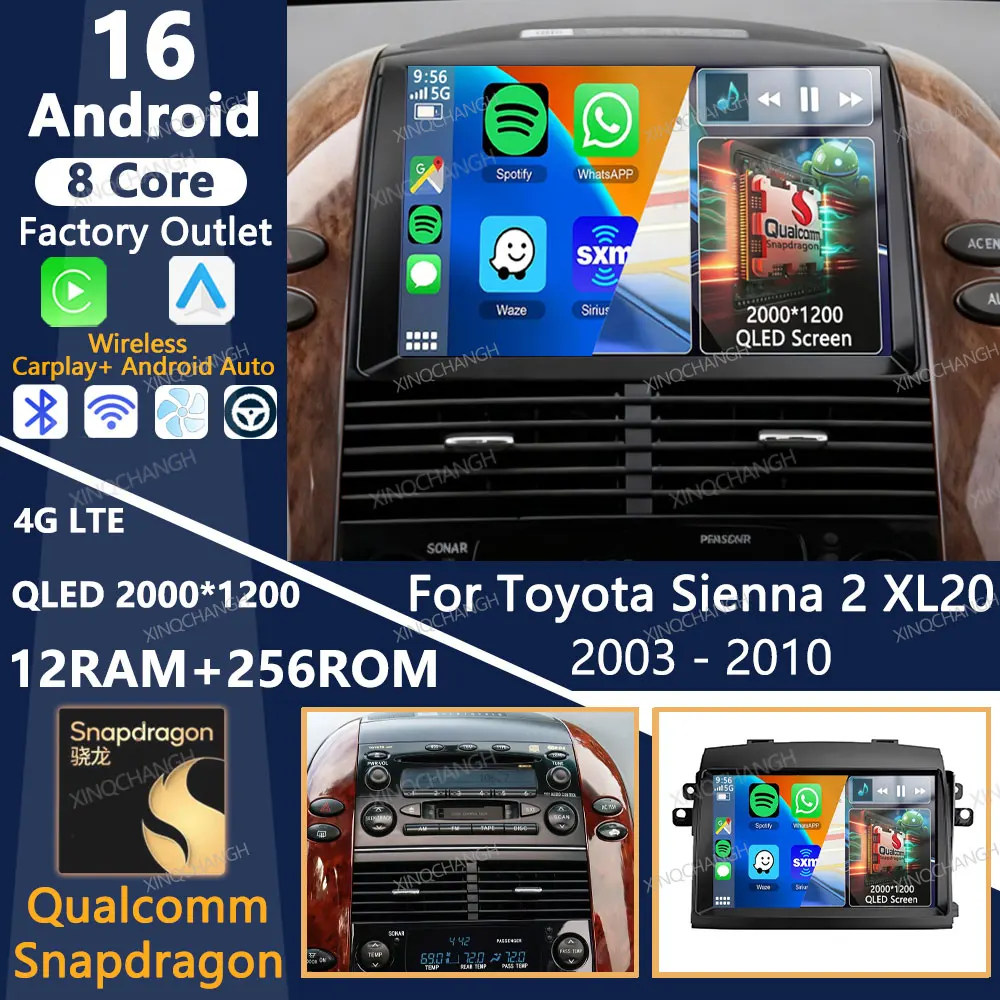 Android 16 Car Radio For Toyota Sienna 2 XL20 2003 - 2010 Carplay Auto Multimedia Video Player 2DIN 4G LTE 5G WIFI GPS Head Unit