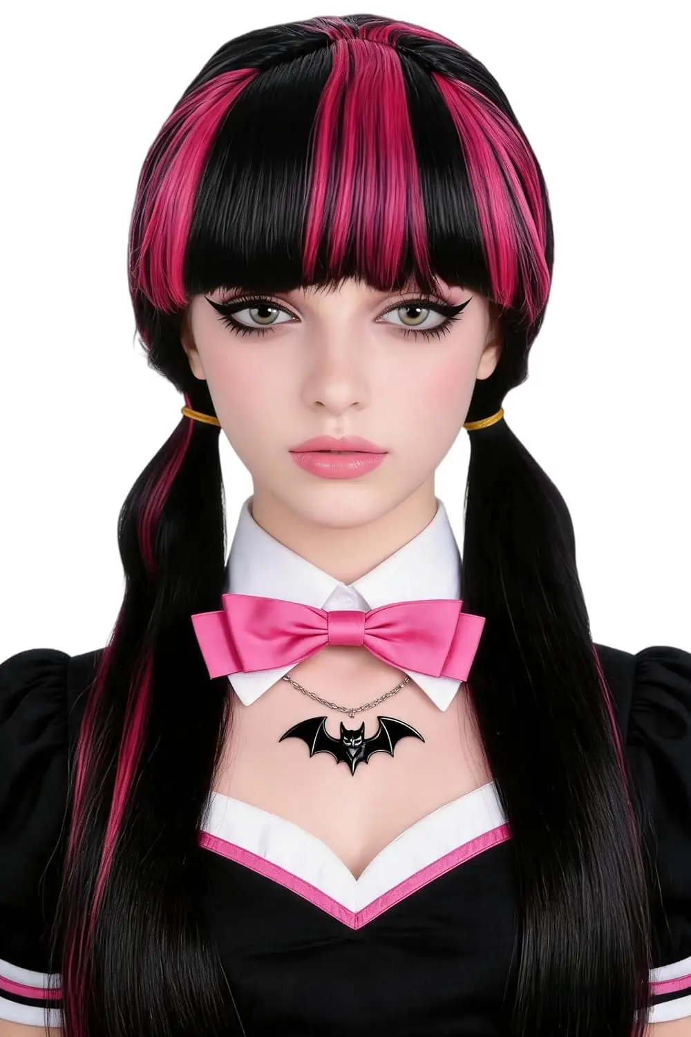 Black/Pink Long Straight Pigtail Wig with Bangs Gothic Vampire Wig | Halloween Party Cosplay Costume Wigs