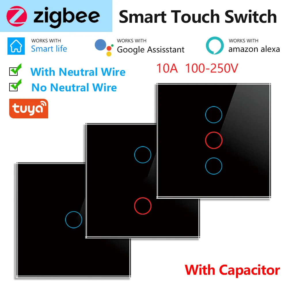 Умный выключатель Zigbee, сенсорная панель со стеклянным экраном, 1/2/3 клавиши, с голосовым управлением, беспроводной настенный переключатель для Tuya Alexa Google Home