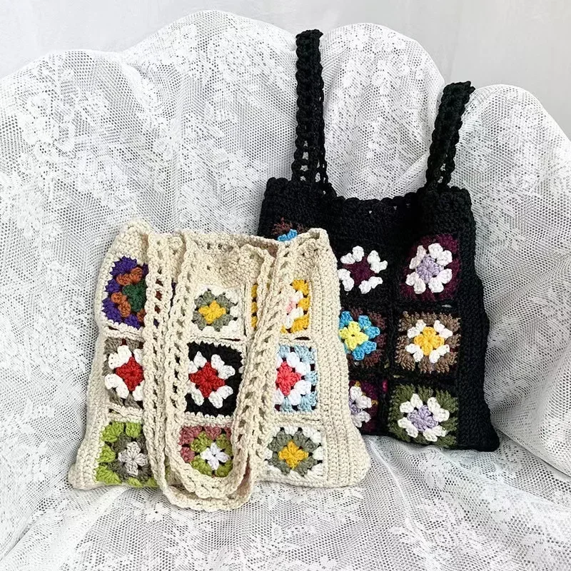 

Women Boho Woven Tote Summer Beach Handbag Floral Handmade Weaving Shoulder Bags Hand Crochet Bag Flower Stitching Shopper Bag