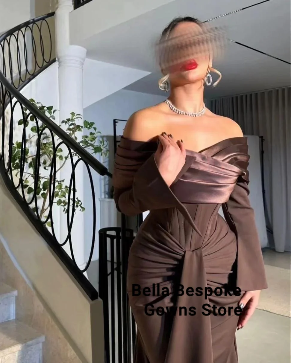 

Brown Off the Shoulder Prom Dresses 2025 Satin Long Sleeve Corset Mermaid Pleated Backless Zip Wedding Party Dress Customized