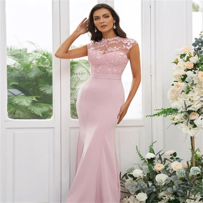 

MULONG 2023 Mermaid Pink Mother The Bride Dress Satin Lace Sheer Mother Of The Bride Dresses Plus Size Formal Evening Party