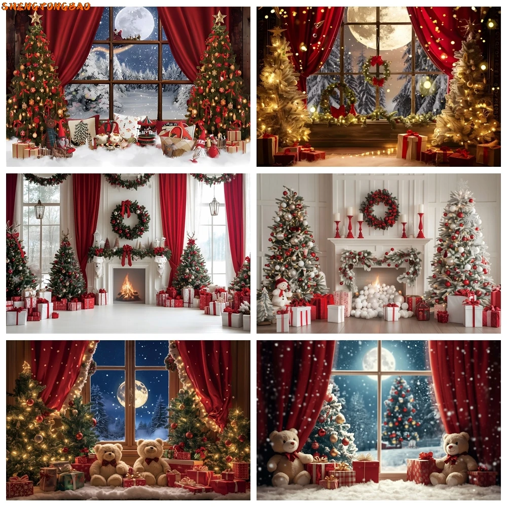 

Christmas Photocall Backdrop Xmas Tree Window Fireplace Baby Family Portrait Photography Backgrounds Decoration For Photo Studio