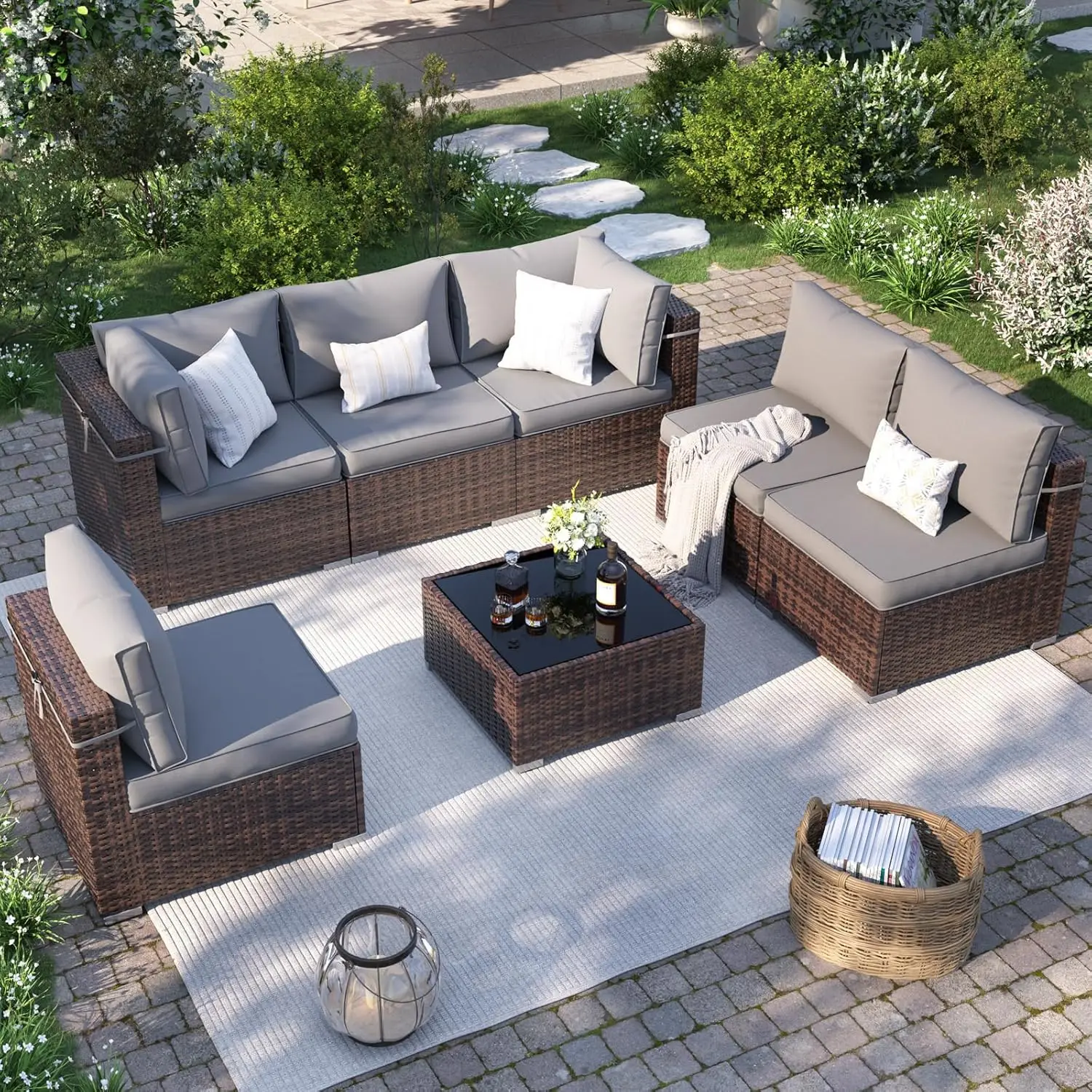 

Patio Furniture Set, 7-Piece Outdoor Sectional with Waterproof Cover, All-Weather Wicker Patio Conversation Sets for Backyard (B