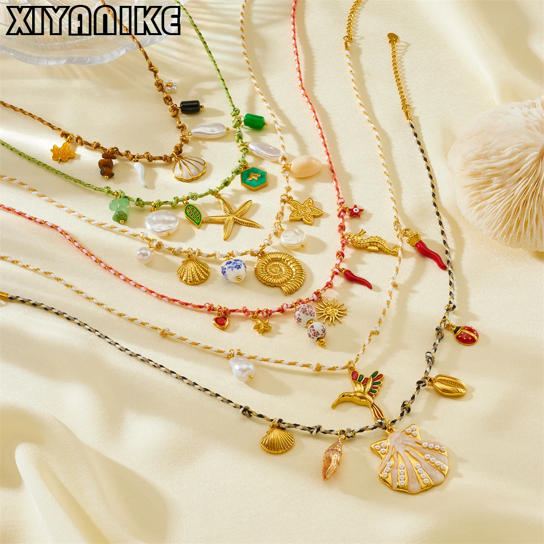 

XIYANIKE 316L Stainless Steel Novel Rope Chain Shell Starfish Conch Hummingbird Charm Necklace Women Animal Series Neck Chain