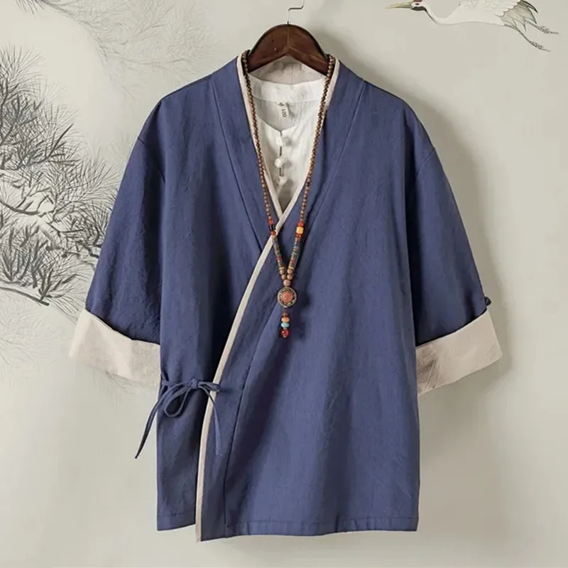 Chinese Style Zen Tea Tee Shirt Retro Cotton Linen Top Kung Fu Blouse T-shirt Japanese Samurai Kimono Haori Cardigan Casual Coat