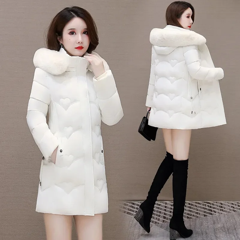 2025 เสื้อแจ็คเก็ตสตรีฤดูหนาวใหม่ Parkas Faux Fur Collar Hooded Jacket หญิงลงเสื้อแจ็คเก็ตผ้าฝ้าย Parka Outwear สุภาพสตรี Overcoat