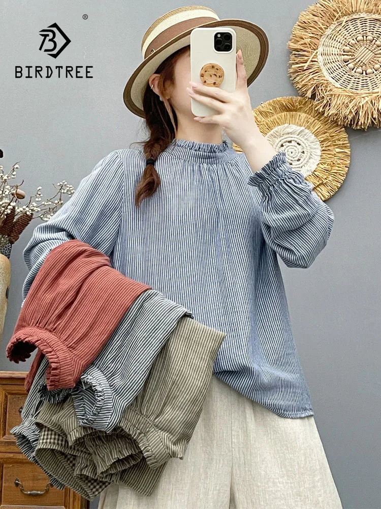 Nueva Camisa de Manga Larga de Hilo de Algodón para Mujer, Otoño 2026, con Rayas Verticales, Estilo Mori Girl Retro Casual, Blusa Holgada y Agradable al Tacto T68449CC