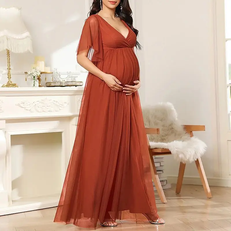 

Evening Dresses Europe and America Maternity Formal Evening Short Sleeve V-neck Sheer Solid Color Pregnancy Party Dress
