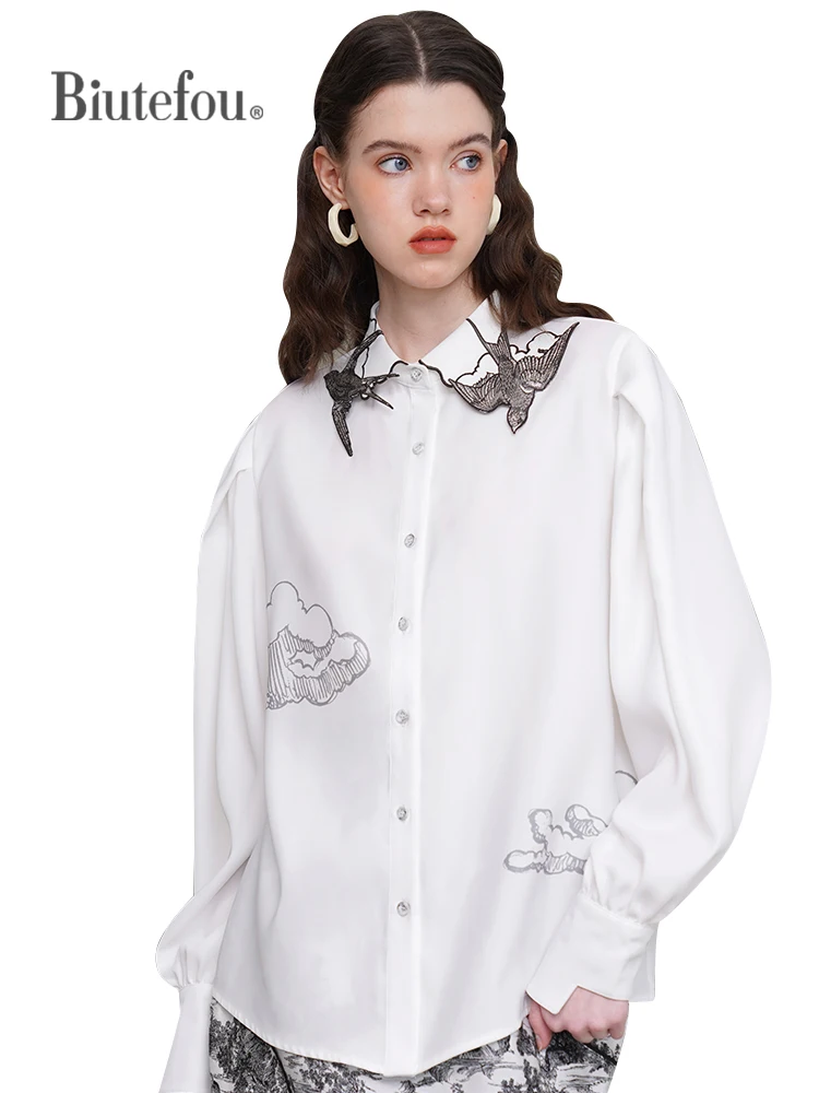 Women\'s Swallow Embroidery Thin Shirt, Summer and Spring Shirt