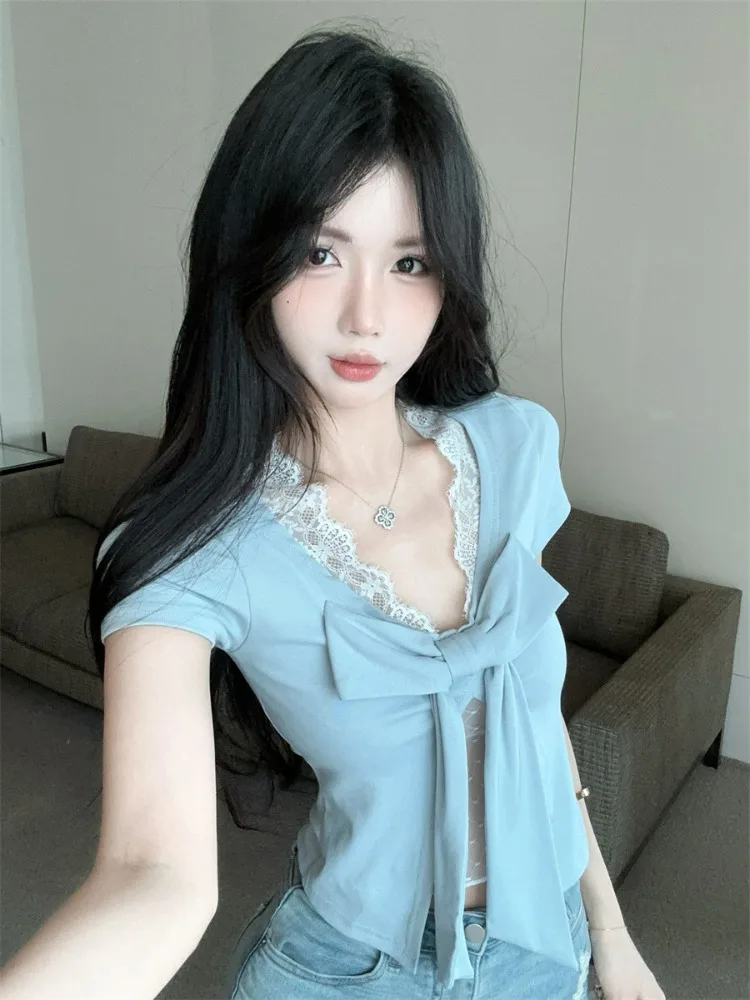 

Pure Desire Spicy Girl V-neck Lace Knot Short Sleeve T-shirt Women Summer Design Split Slimming Versatile Top