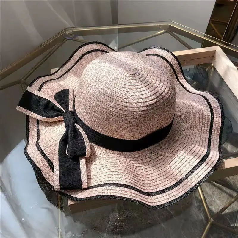 Straw Spring Summer Wave Bow Bucket Hat Women Girls Cap Beach Seaside Sunscreen Big Brim Fisherman Hat Travel Holiday Sun Hat