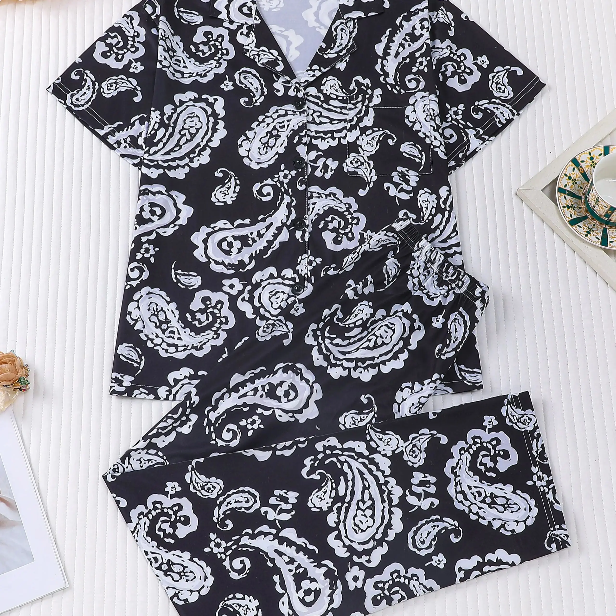 Contrast Black White Zebra Print Women's Pajamas Set Lapel Collar Long Sleeve Long Pants 2 Piece Casual Loungewear