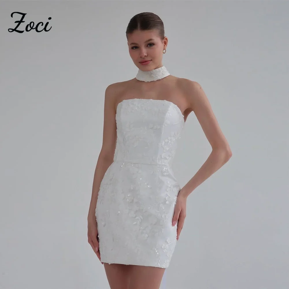 

Zoci Elegant Strapless Short Wedding Dresses Lace Appliques Sparkly Mini Wedding Party Dress Customized Shawl Mermaid Bride Gown