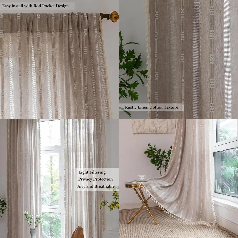 

Льняные полосатые шторы с кистями, длина 63-96 дюймов, полузатемняющие, светопропускающие, комплект из 2 панелей для гостиной и спальни