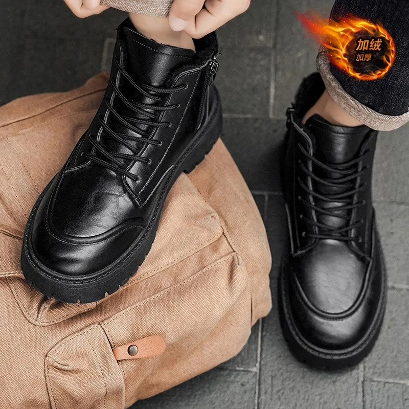 Winter High Top Warm Men's Leather Boots Black Velvet Anti Slip  Ankle Boots Thick Soled Wear-resistant Short Boots