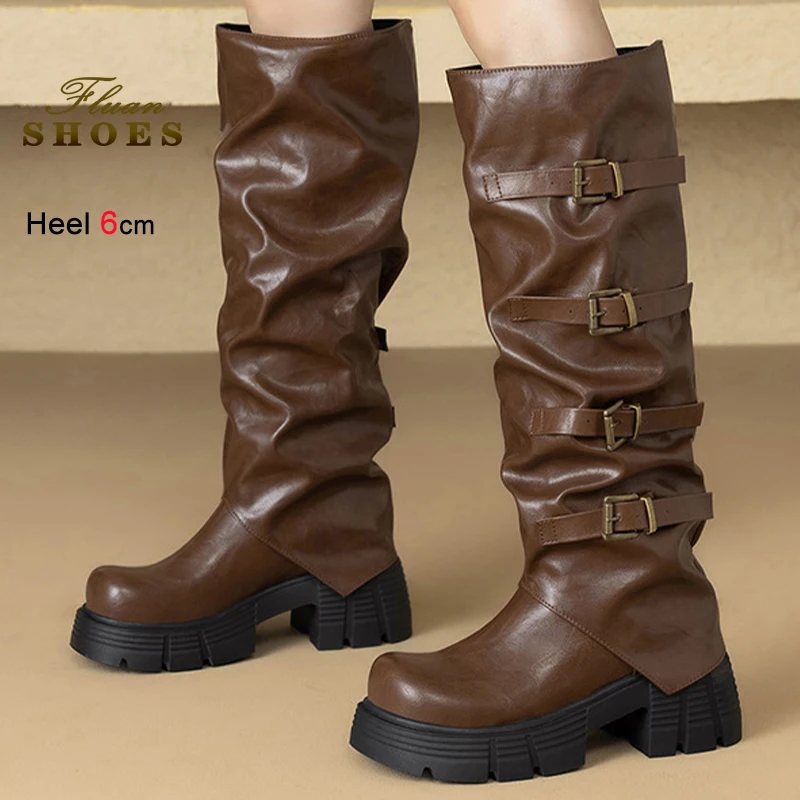 

New Spring Autumn Brown Pleated Women's Knee High Boots Round Toe Chunky Block Heels 6cm Ladies Belt Buckle Clasps Stacked Boots