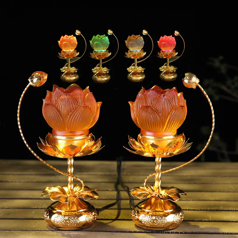 Buddhist Supplies Led Colorful Crystal Glass Lotus Lamp for temple and home Light burning in front statue of Buddha lantern