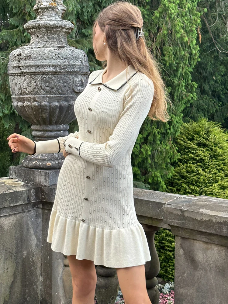 Fantoye Knitted Turn-down Collar Button Women Dress White Long Sleeve High Waist Dress Female Autumn Slim Casual Party Clubwear