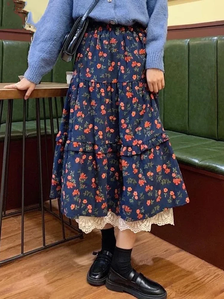 Women Skirts Vintage Lace Patchwork Floral Printed Stretch High Waist Autumn Fashion Elegant Sweet Long Skirt Female