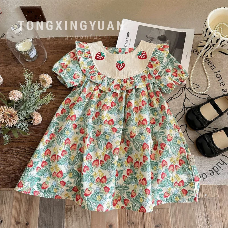 

Strawberry Embroidery Ruffle Girls' Dress Summer New Fruit Print Children's Doll Dress