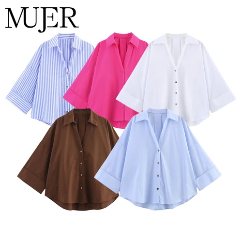 Imagen 1 del producto MUJER 2025 camisa de gran tamaño para mujer, camisas y blusas informales a rayas, Tops de manga ancha para mujer, camisas blancas y azules de verano para mujer