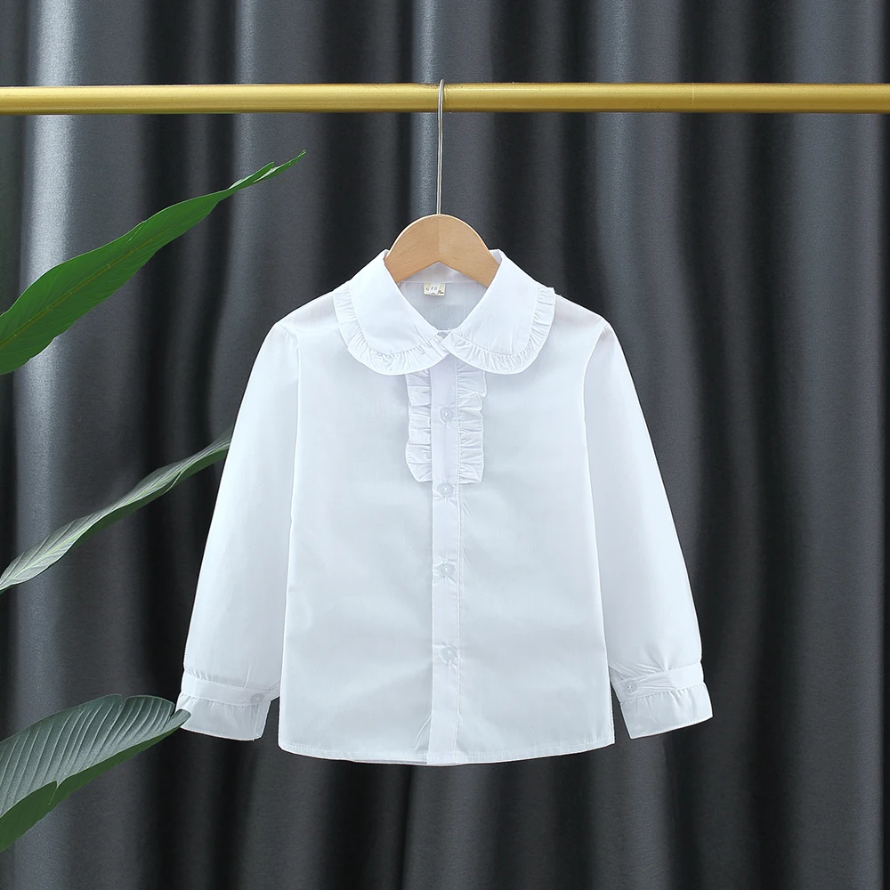 قميص طفلة بأكمام طويلة، ملابس أطفال جديدة للربيع والخريف بياقة بتلات بيضاء مناسبة لارتفاع 120-170 سنتيمتر