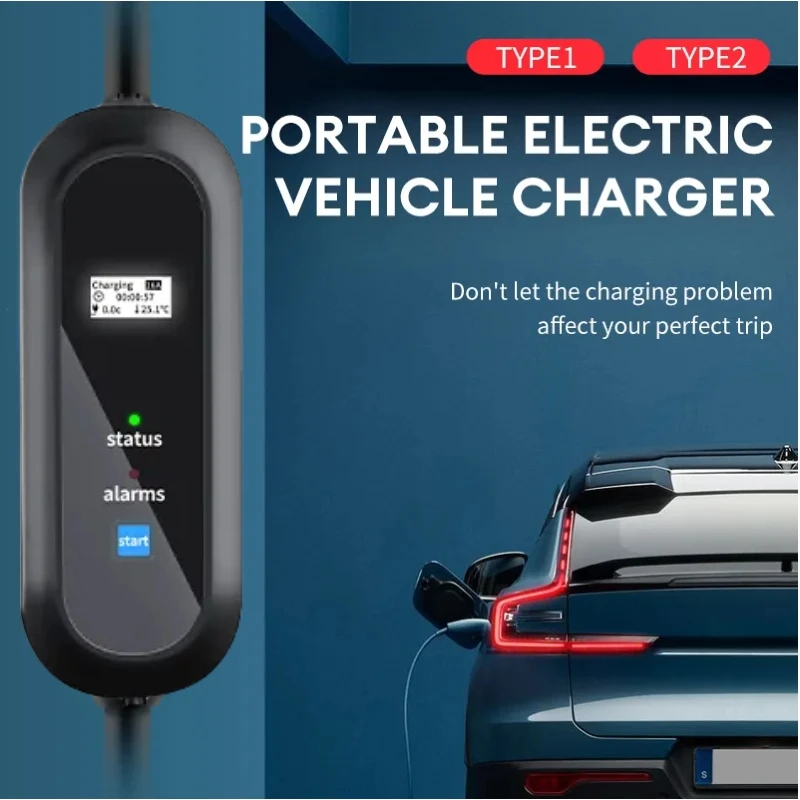 Acodo EV Portable Charger 3.5KW Type 2 Type 1 Car Fast Charger 3.5M Length 4 Currents modes WallBox With Display Booking Time