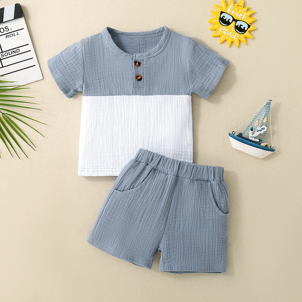

Summer Neutral Baby Toddler Light Blue Stripe Pure Color Short Sleeve Shorts Set Casual Daily Wear for Infants And Toddlers