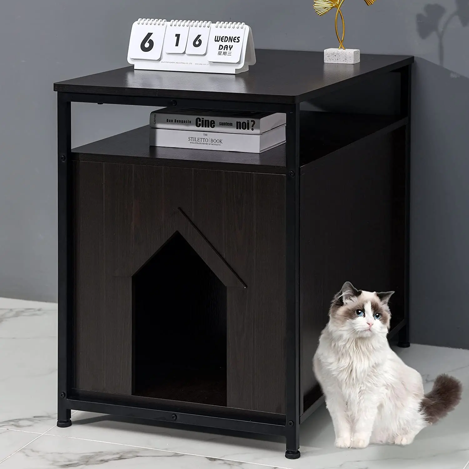 

Cat litter box furniture side table hidden cat toilet cat litter plate and door wooden pet cabinet iron and wood combination