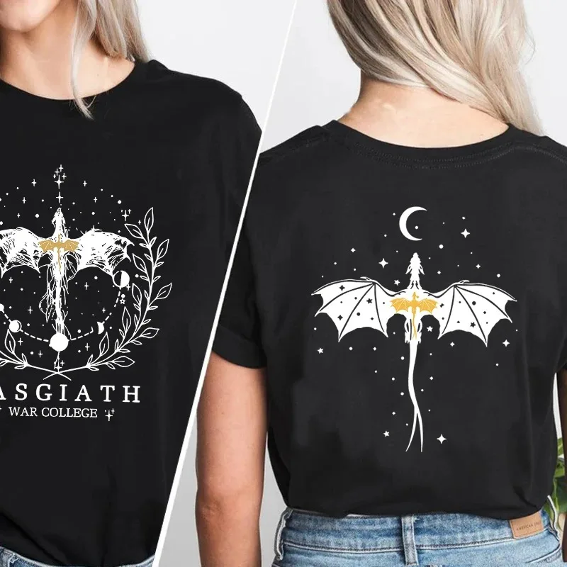 Basgiath War College T-shirt Double-side Print Fourth Wing Tshirt Dragon Rider Dark Academia T Shirt Cotton Short Sleeve Tops