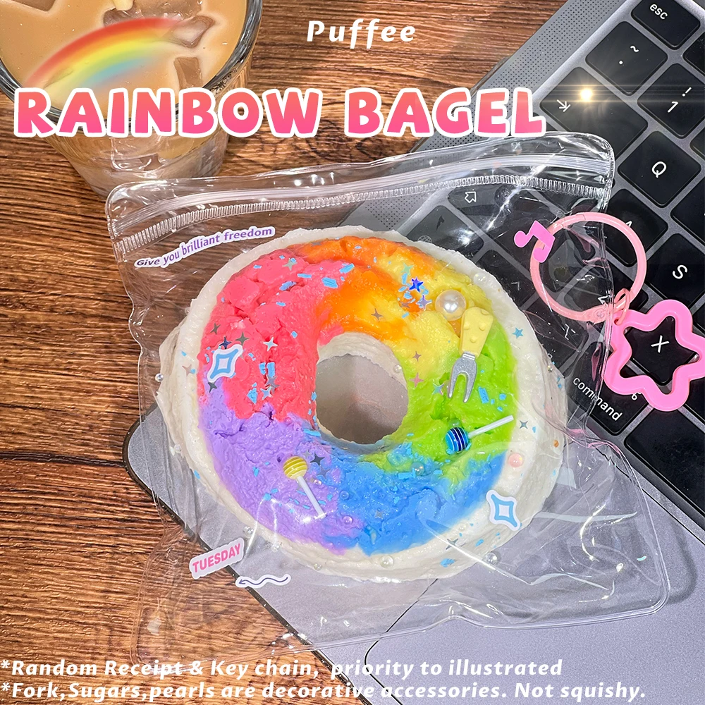 Regenbogen-Bagel-Squishy aus lebensmittelechtem Silikon, cremiges weiches Klebespielzeug, Taba-Squishy, Happy Game Kneifbrot-Spielzeug, geeignet für B