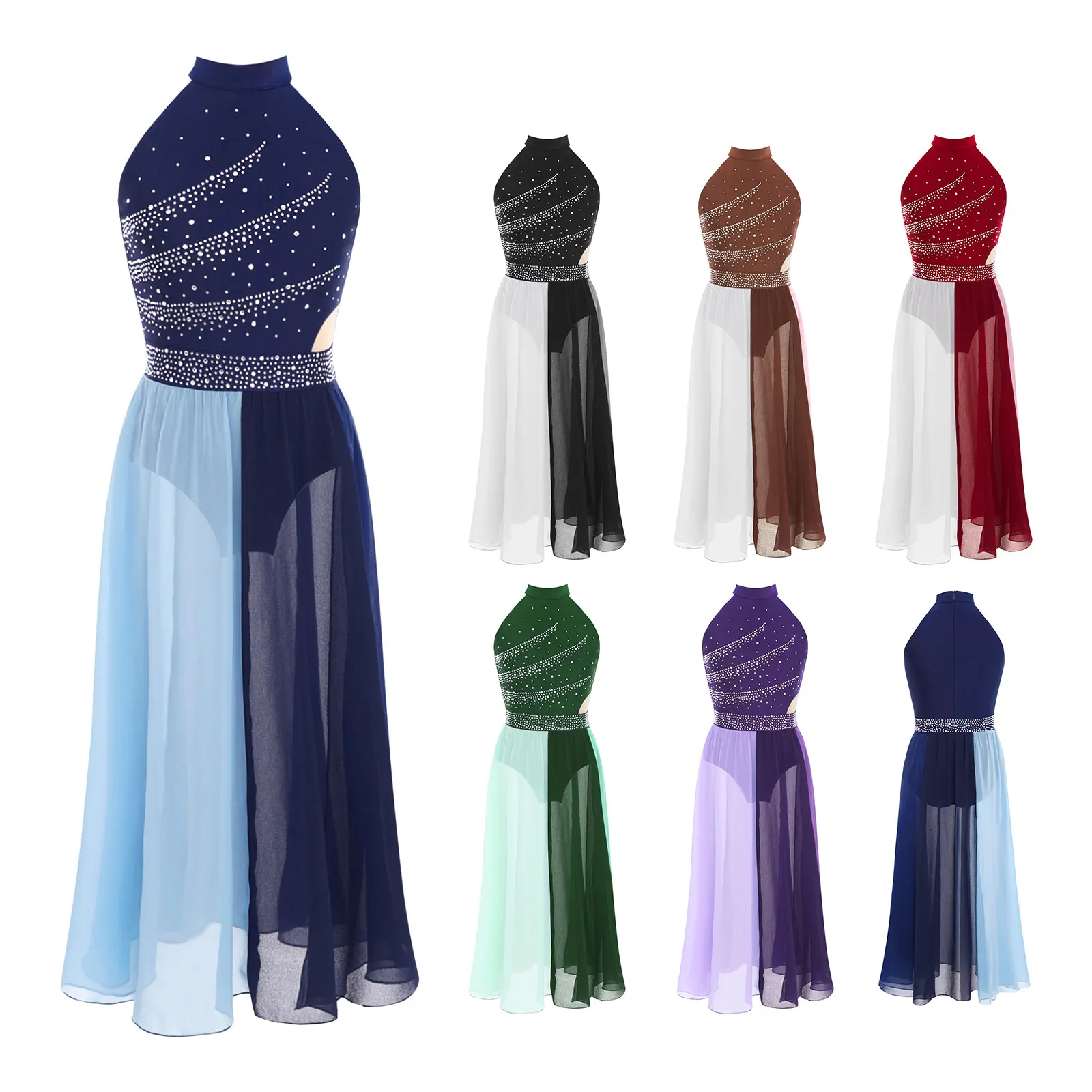 Costume da danza classica lirica per ragazze, collo a lupetto, senza maniche, cerniera invisibile, strass lucidi, abito per spettacoli di danza da sala