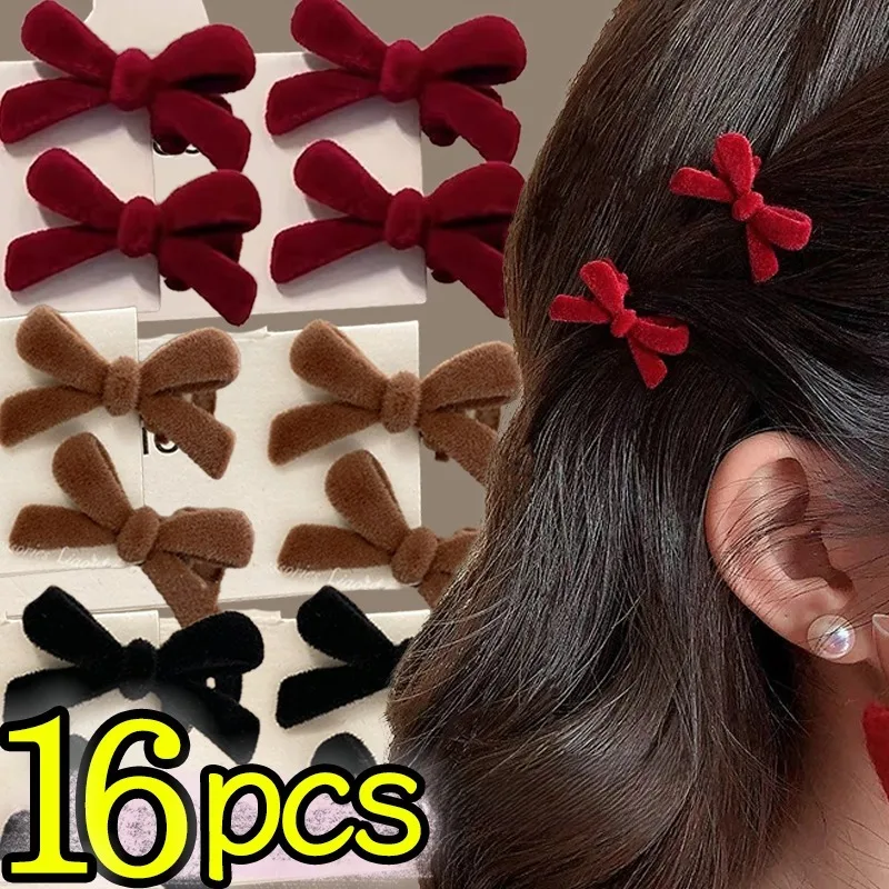 1/16Pcs Velvet Red Bowknot Hair Clips for Women Sweet Mini Duck Bill Clips Bangs Side Hairpins Girls Candy Velvet Party Headwear