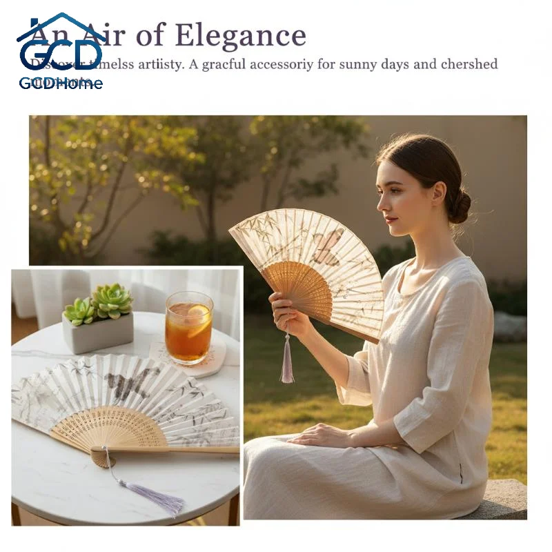 Butterfly Pattern Bamboo Folding Hand Fan Chinese Style Tassel Accent for Holidays and Collectibles