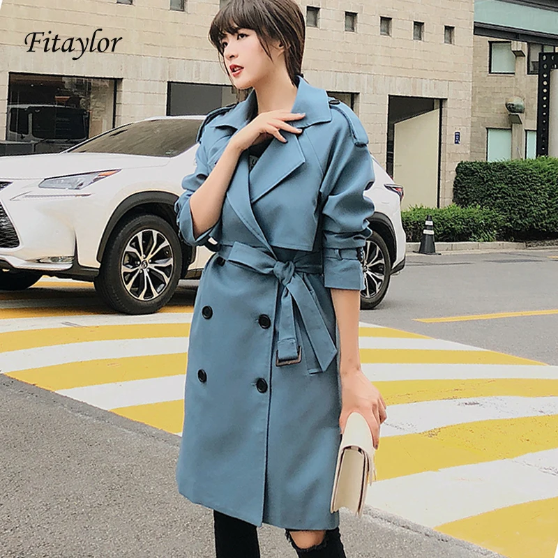 Fitaylor Spring Autumn Double Breasted Mid-long Trench Coat Women Casual Streetwear Slim Belt Cloak Vintage Windbreaker Outwear