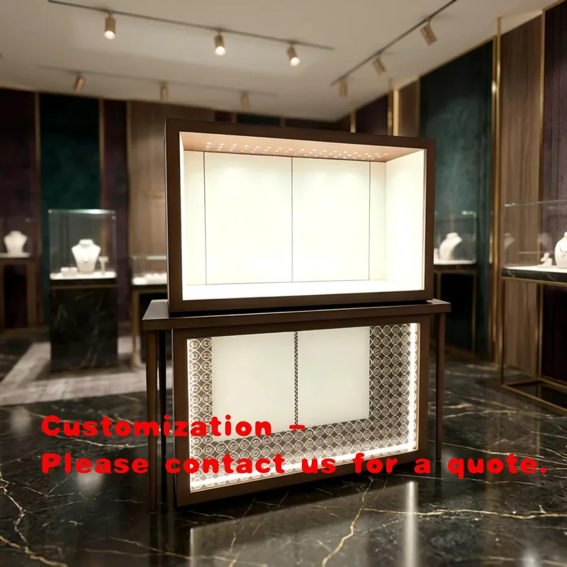 custom.Luxury Modern Dual Layer Wood Jewelry Display Table LED Light Luxury Retail Showcase Boutique